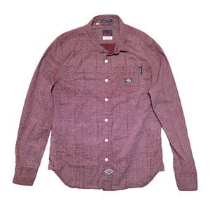 SUPERDRY Long Sleeve Button Shirt Men XL Red Geometric Dots Logo The Raw Riveter